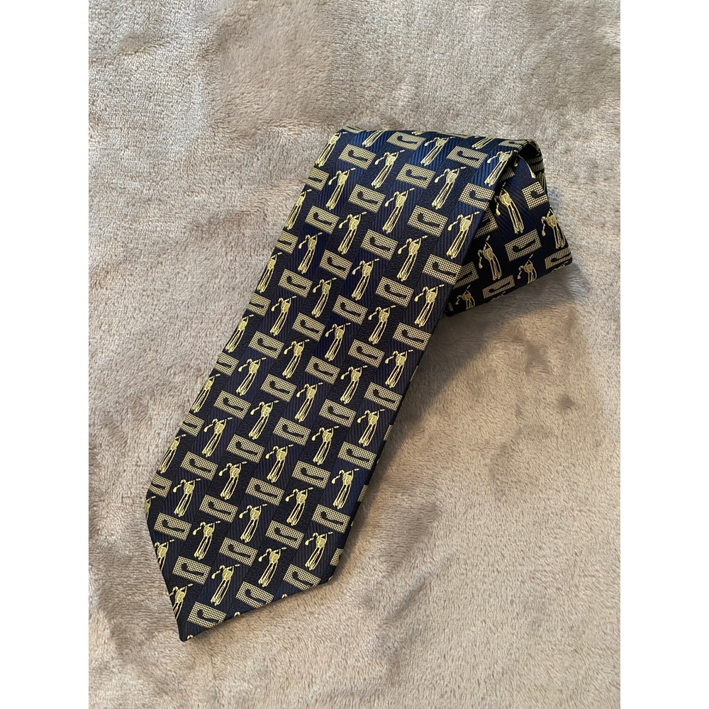 Valentino Garavani Tie‎ Mens OS Navy Gold Golf Club Silk Handmade Italy Novelty